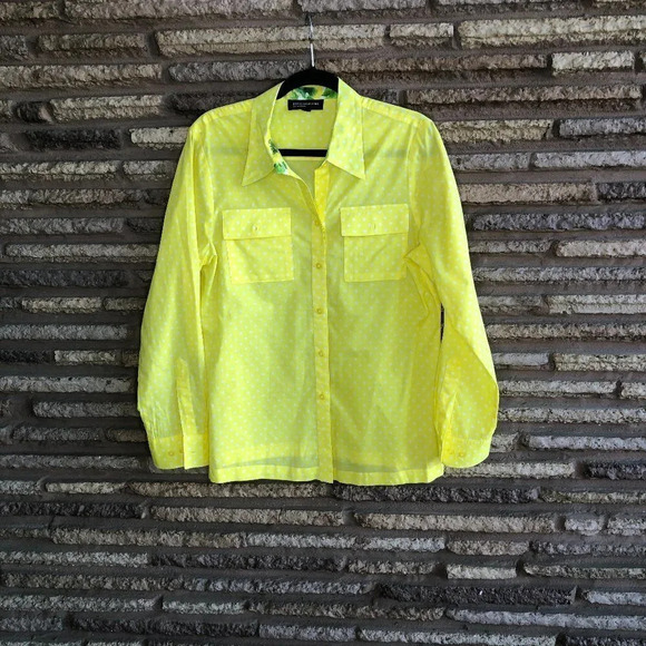 Jones New York Yellow Polka Dot Button Front Shirt Floral Contrast Collar - Picture 1 of 7
